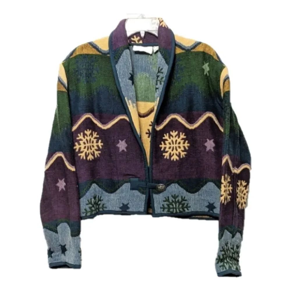 VINTAGE Cropped Tapestry Stars Snowflake Jacket M